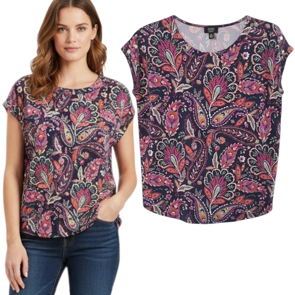 Jones NY Paisley Print Top Women's Sz L Multicolor Short Cap Sleeve Stretch Knit